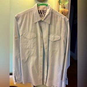 Ellie Tahari powder, blue dress shirt, two very small flaws.